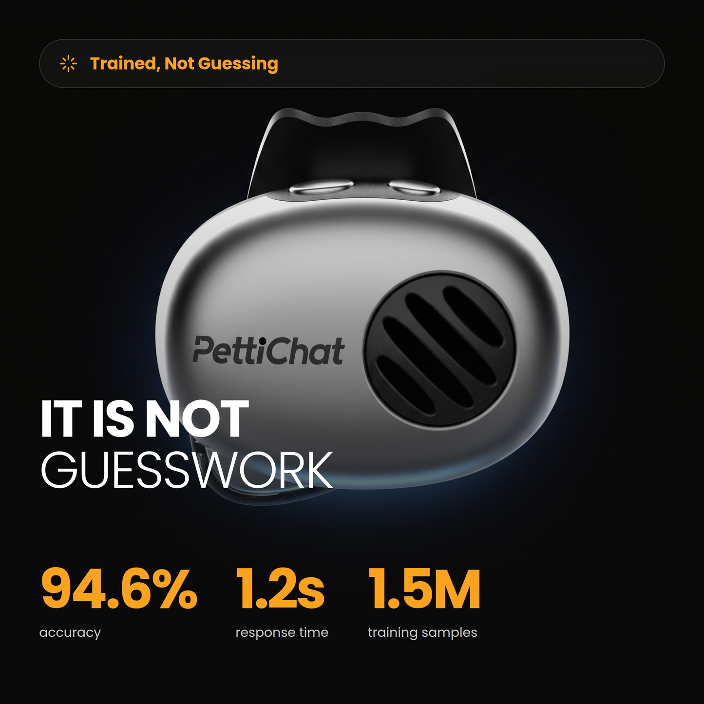 PettiChat device on black, 94.6 percent accuracy, 1.2 second response time, 1.5 million training samples