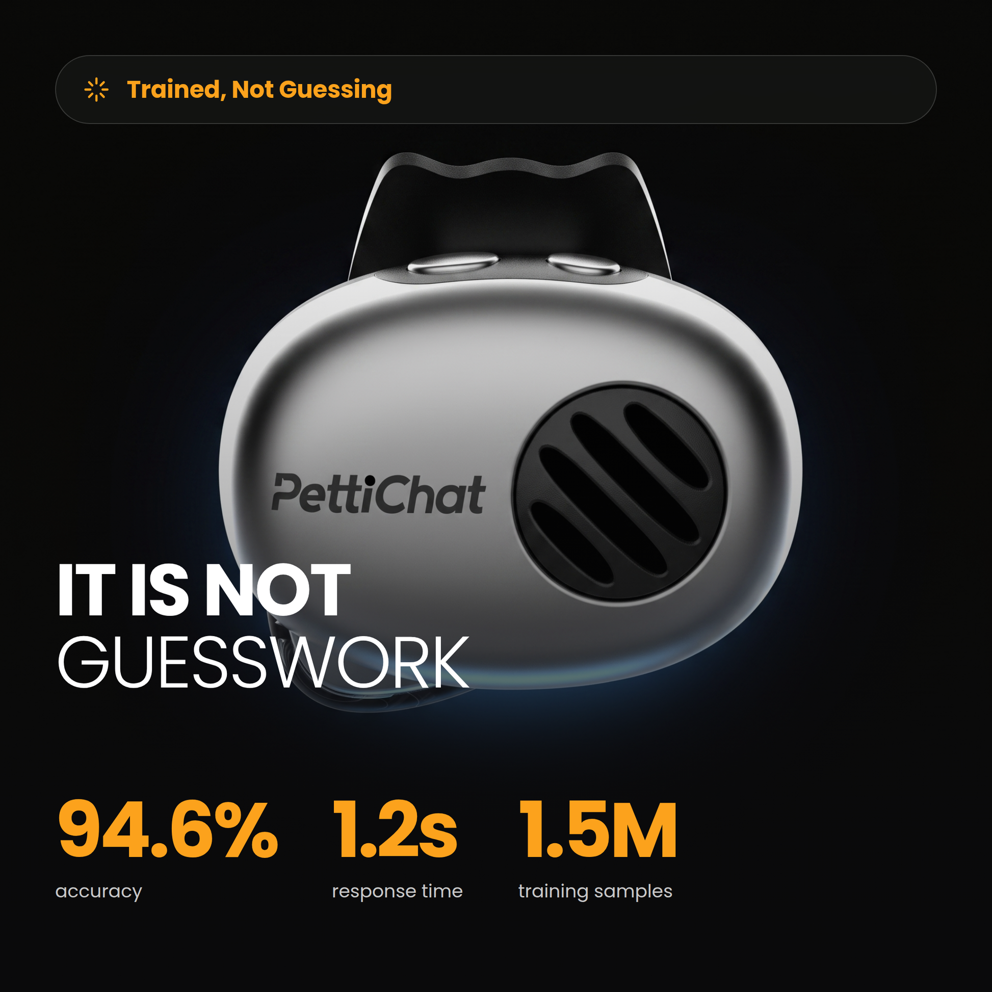 PettiChat device on black, 94.6 percent accuracy, 1.2 second response time, 1.5 million training samples