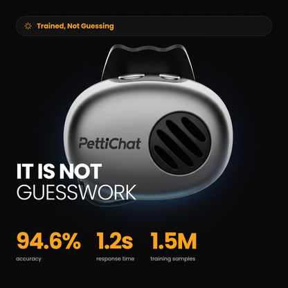 PettiChat device on black, 94.6 percent accuracy, 1.2 second response time, 1.5 million training samples