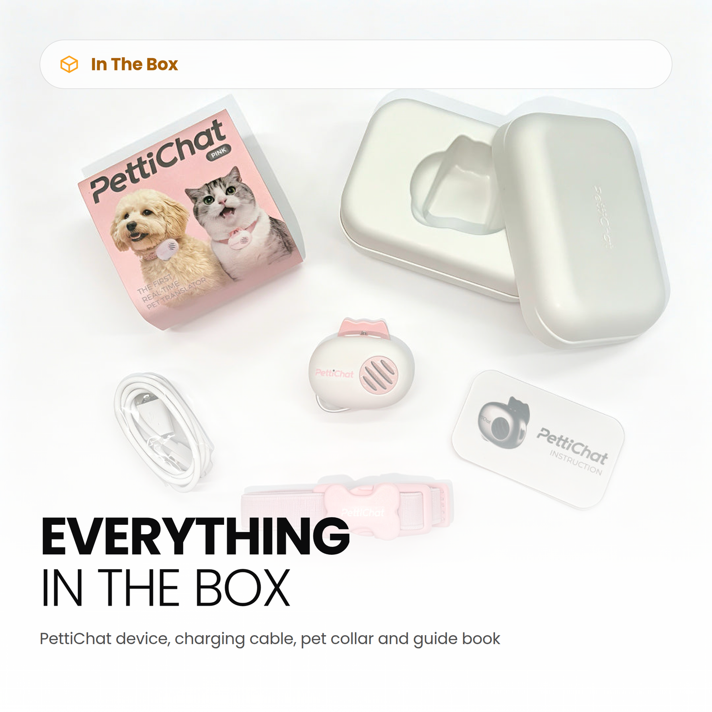 Everything in the box: PettiChat device, charging cable, pet collar and guide book
