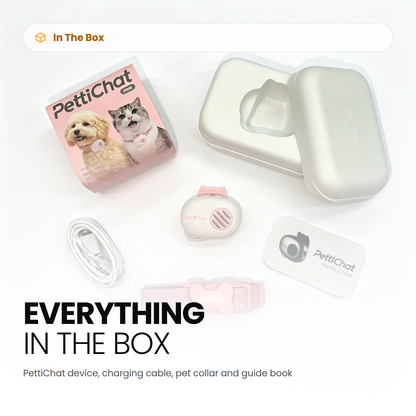 Everything in the box: PettiChat device, charging cable, pet collar and guide book