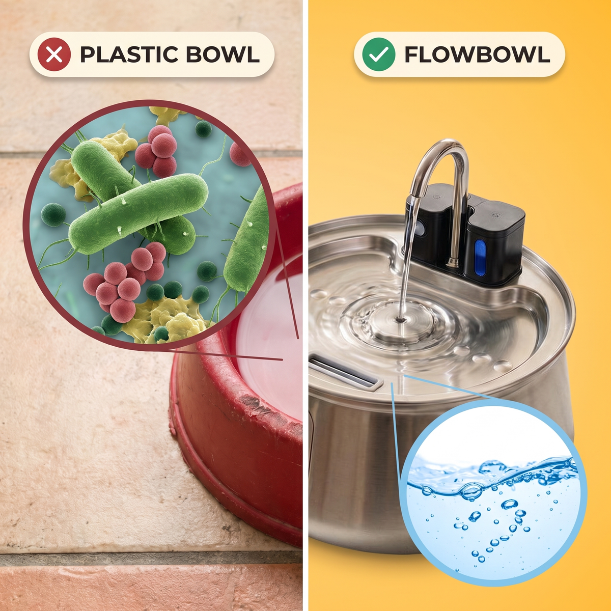 Plastiknapf mit Bakterien im Vergleich zu sauberem, fließendem Wasser im FlowBowl