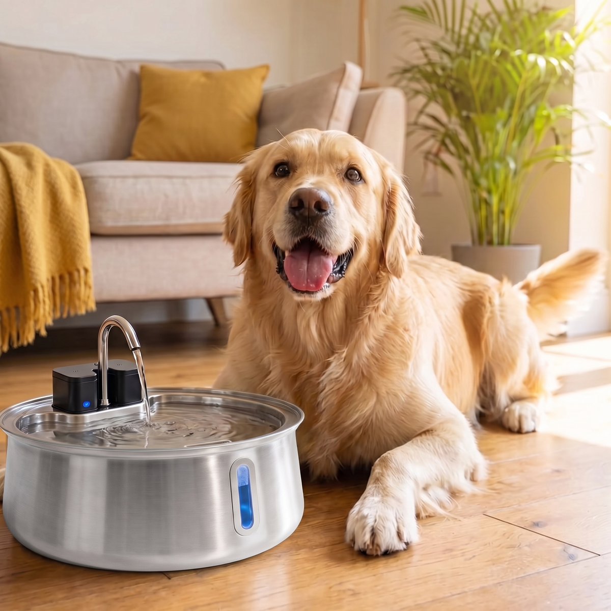 Golden Retriever liegt in einem hellen Wohnzimmer neben dem FlowBowl Brunnen