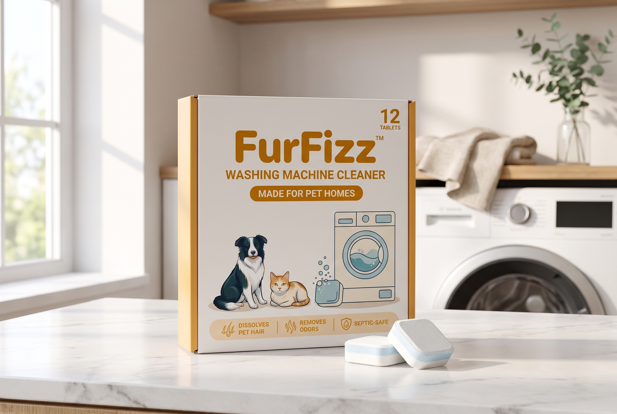 FurFizz washing machine cleaner box and two tablets on a marble laundry counter