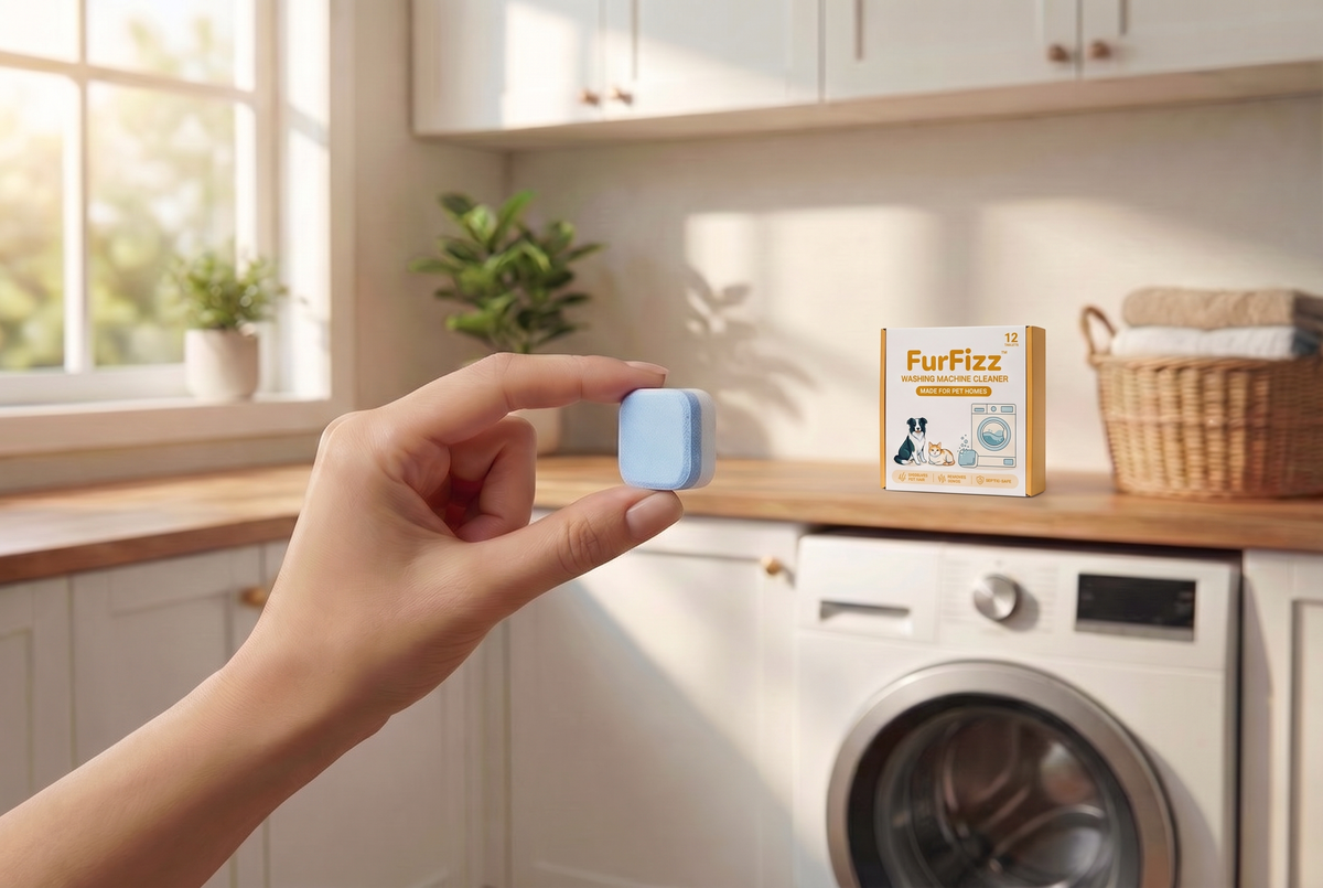 Hand holding one FurFizz tablet in a bright laundry room with the FurFizz box on the counter