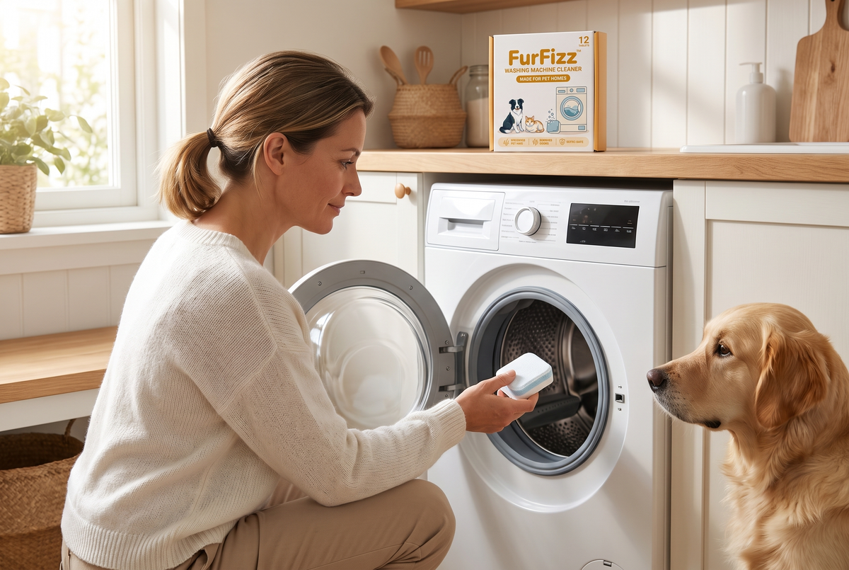 Woman placing a FurFizz tablet into an empty front-loading washer while her golden retriever watches