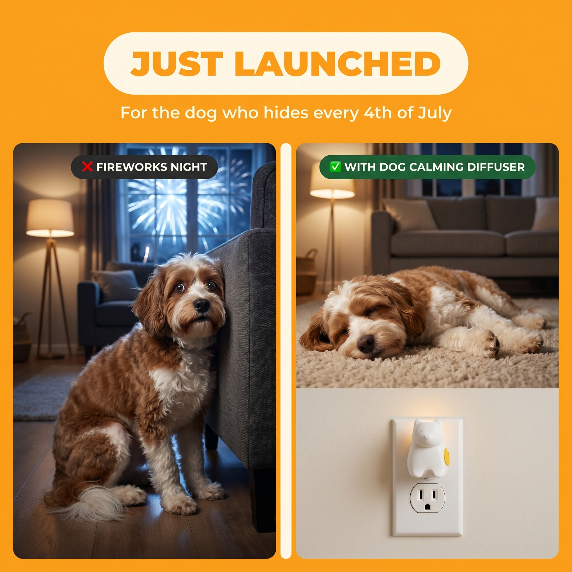 Dog Calming Diffuser — Before / After: a frightened beagle during fireworks night vs. the same dog calmly resting with the plug-in calming diffuser active. For the dog who hides every 4th of July.