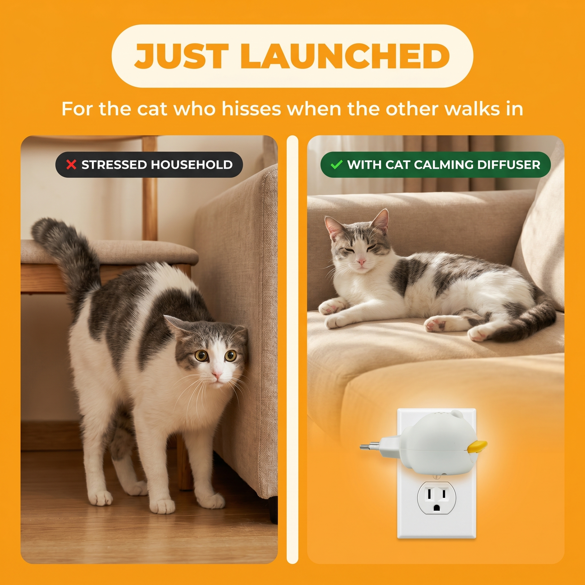 Cat Calming Pheromone Diffuser — Before / After: a stressed tabby in a defensive crouch vs. the same cat relaxed on a couch with the calming diffuser active in a US outlet. For multi-cat households.
