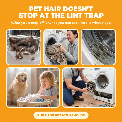 Pain Stack — 5 pet-household laundry pain moments: clogged lint trap, wet dog blanket, biofilm on gasket, dander, broken washer repair. Built for pet households.