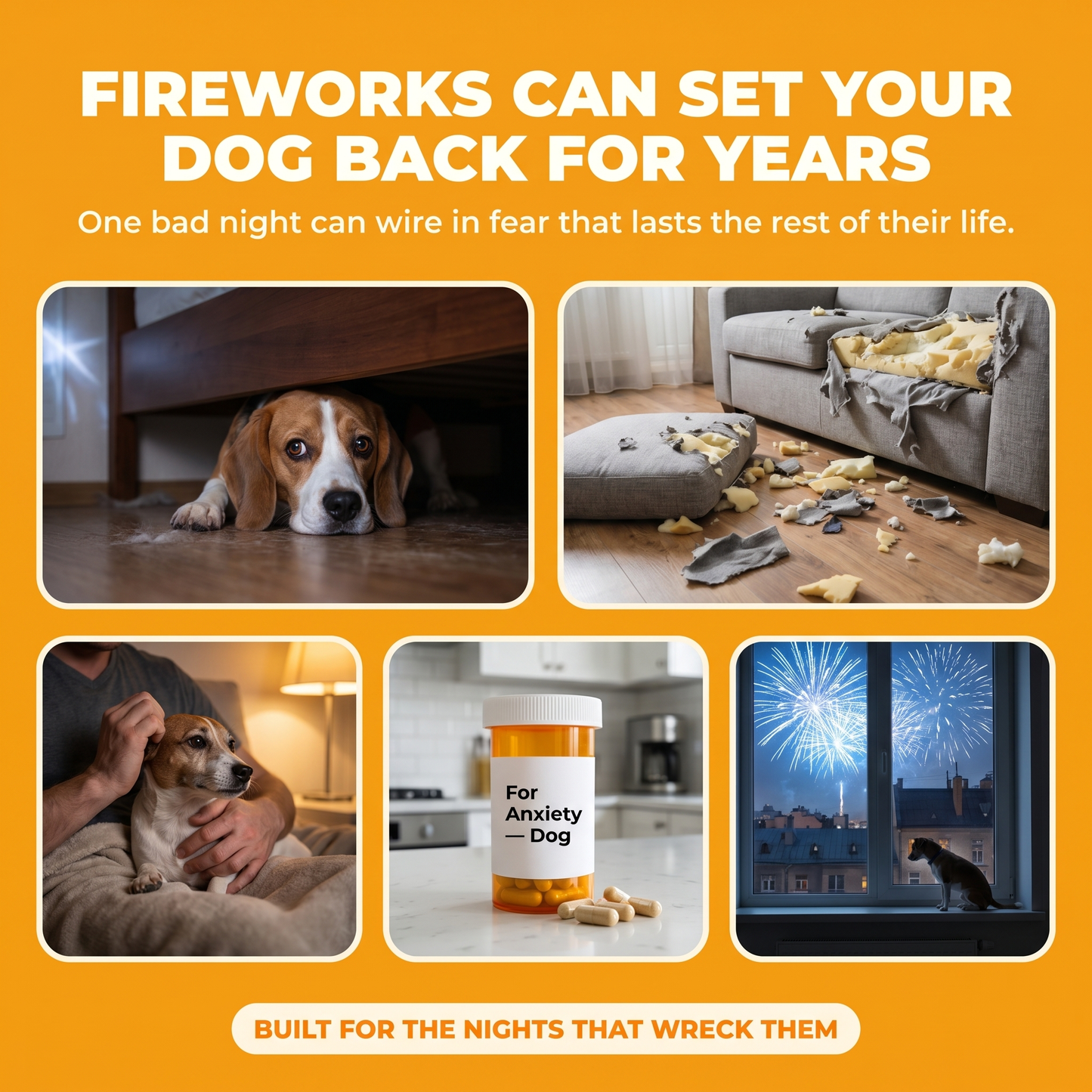 Pain Stack — 5 dog-anxiety moments during fireworks season: dog under bed, destroyed couch, shaking dog in owner's arms, anxiety pills, fireworks at window.