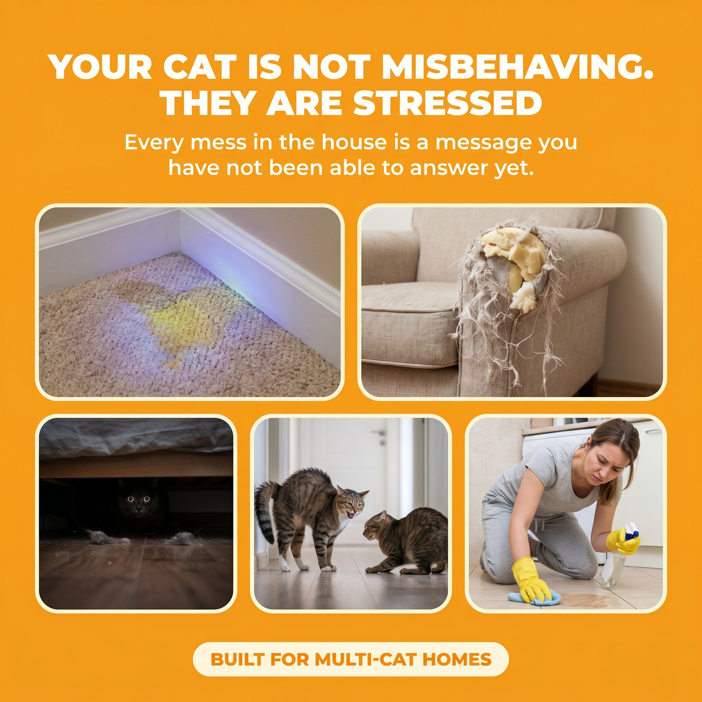 Pain Stack — 5 multi-cat household stress moments: urine stain on carpet, shredded armchair, hiding cat, hissing confrontation, cleaning up. Built for multi-cat homes.
