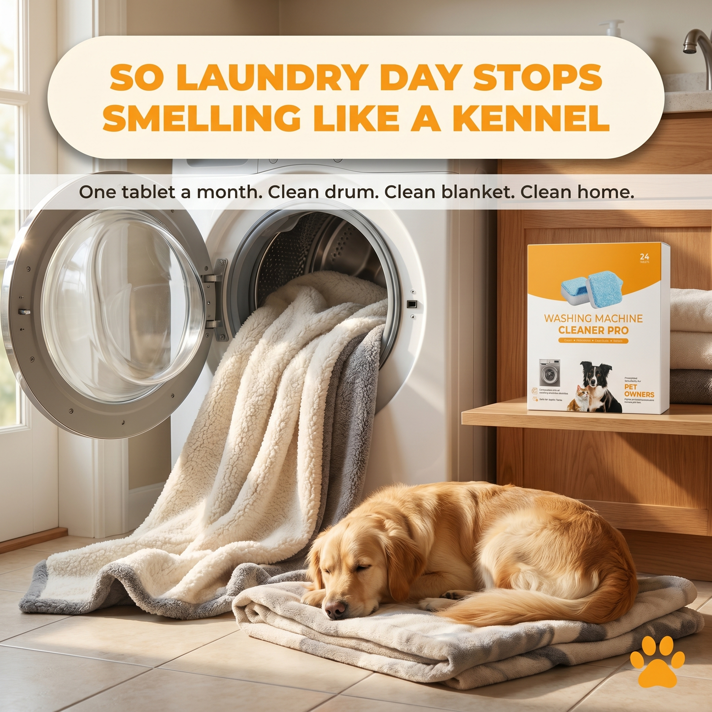 Outcome Lifestyle — fresh-laundered dog blanket and a peaceful sleeping dog in a sunlit laundry room. So laundry day stops smelling like a kennel.