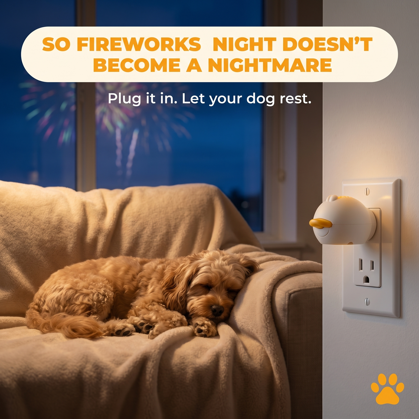 Outcome Lifestyle — a dog resting calmly while fireworks happen outside, calming diffuser active in a US outlet. So fireworks night doesn't become a nightmare.