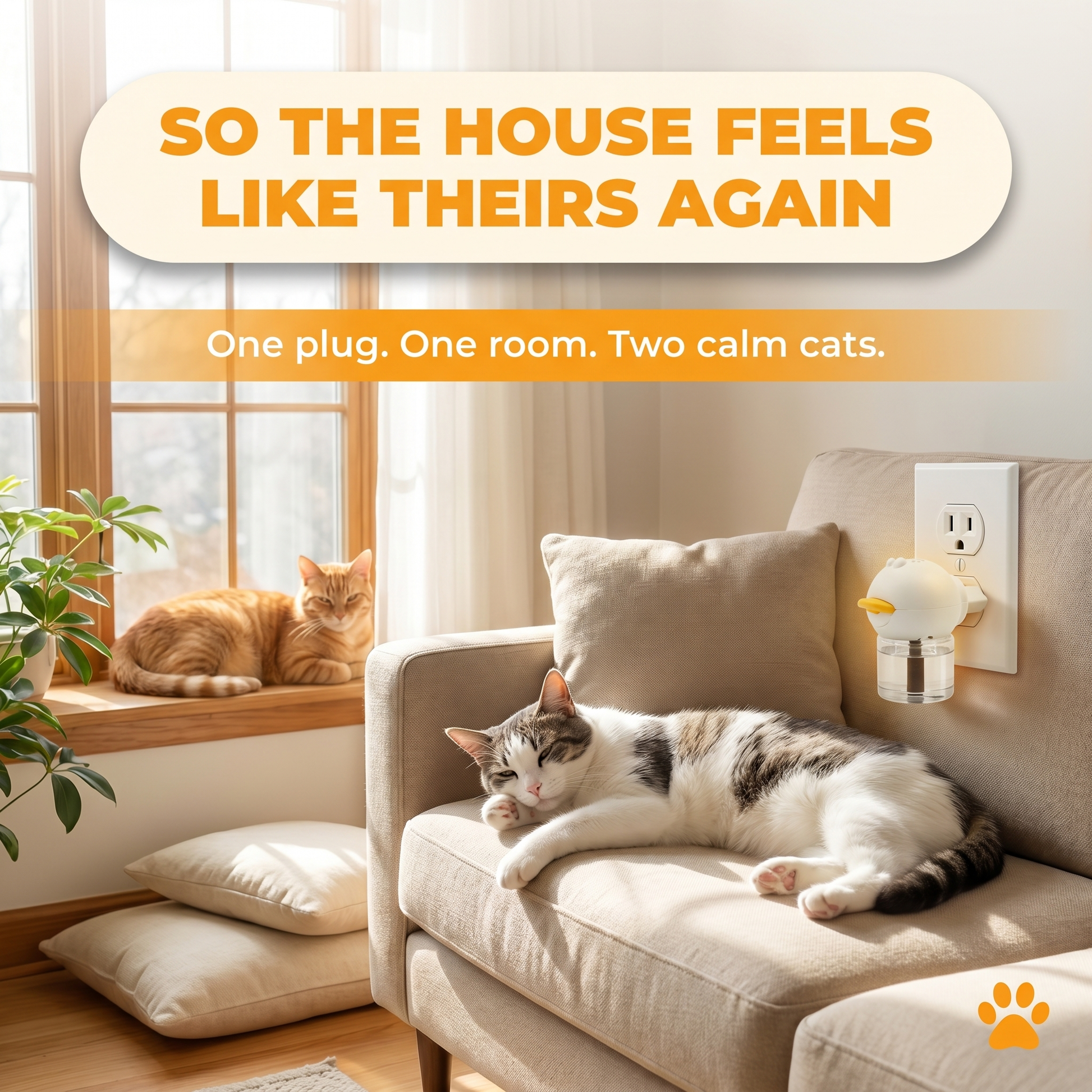 Outcome Lifestyle — two cats coexisting peacefully in a sunlit living room with the calming diffuser in a US outlet. So the house feels like theirs again.