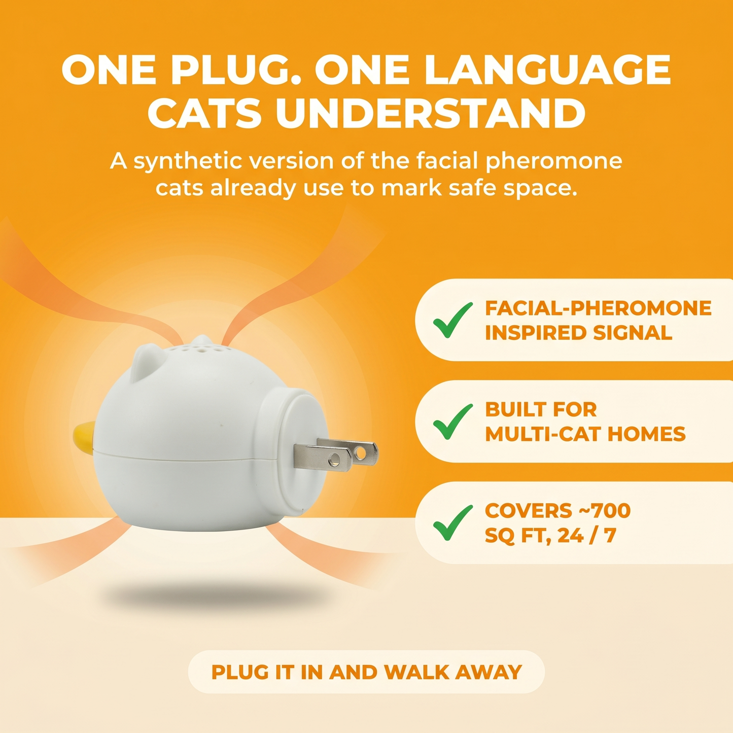 Mechanism + Proof — the Cat Calming Diffuser device with active warm pheromone glow; checkmark pills: facial-pheromone inspired, multi-cat ready, 24/7 coverage. Plug it in and walk away.