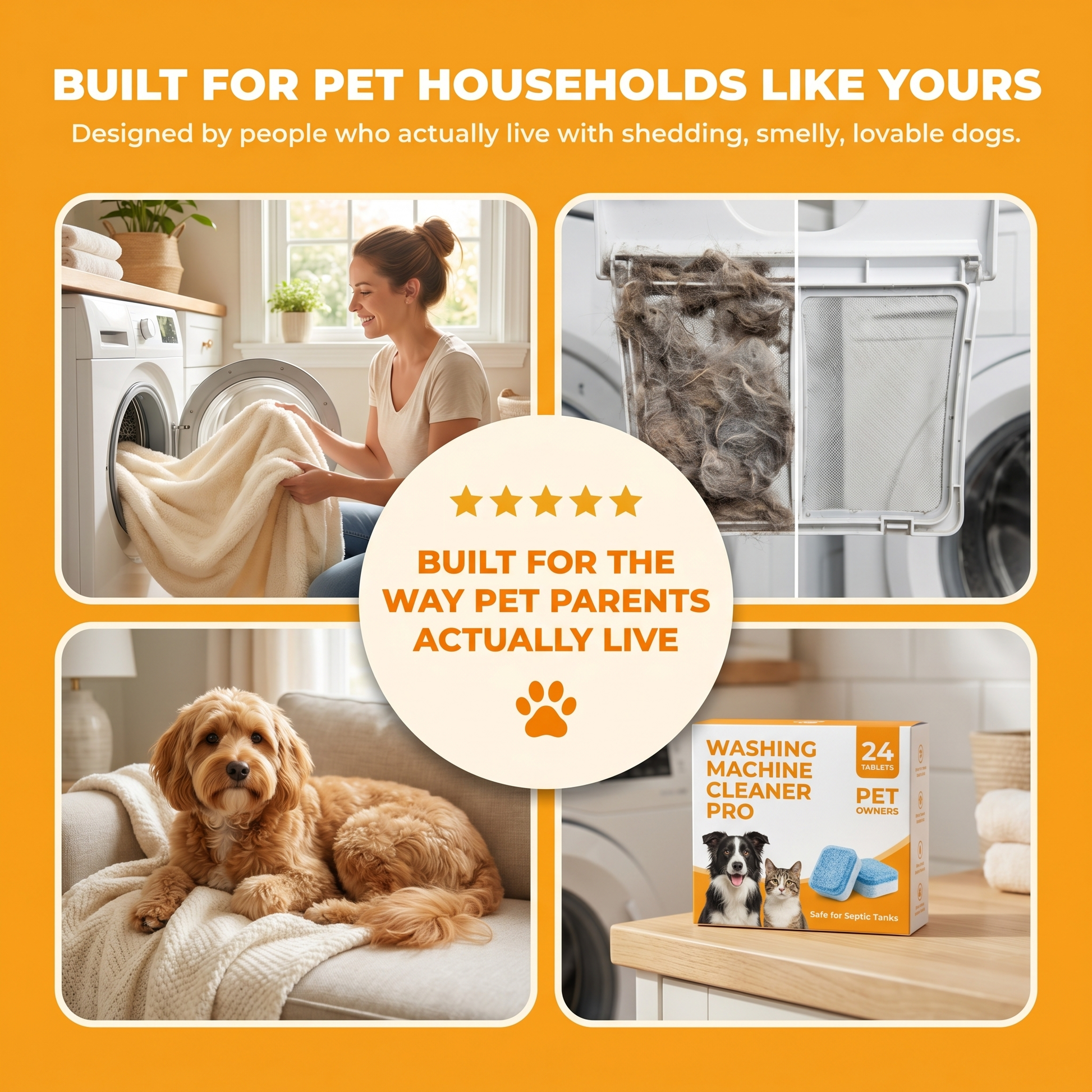 Social proof mosaic — lifestyle moments of pet households using Pet-Owner Washing Machine Cleaner. Built for the way pet parents actually live.