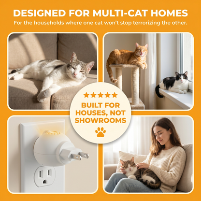 Social proof mosaic — different cats and households calmed by the Cat Calming Diffuser. Built for houses, not showrooms.
