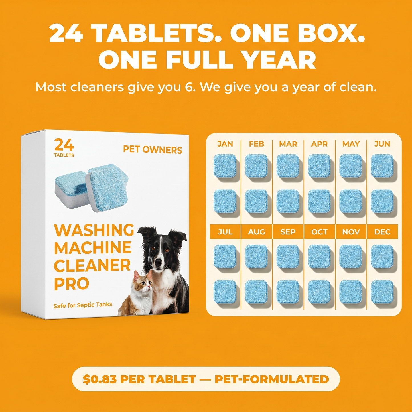 Pack Math — 24 cleaner tablets arranged as a 12-month calendar grid, $0.83 per tablet, one box equals one full year of clean.
