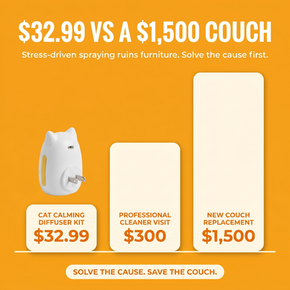 Furniture Math — $32.99 Cat Calming Diffuser vs. $300 professional cleaner visit vs. $1,500 couch replacement. Solve the cause. Save the couch.