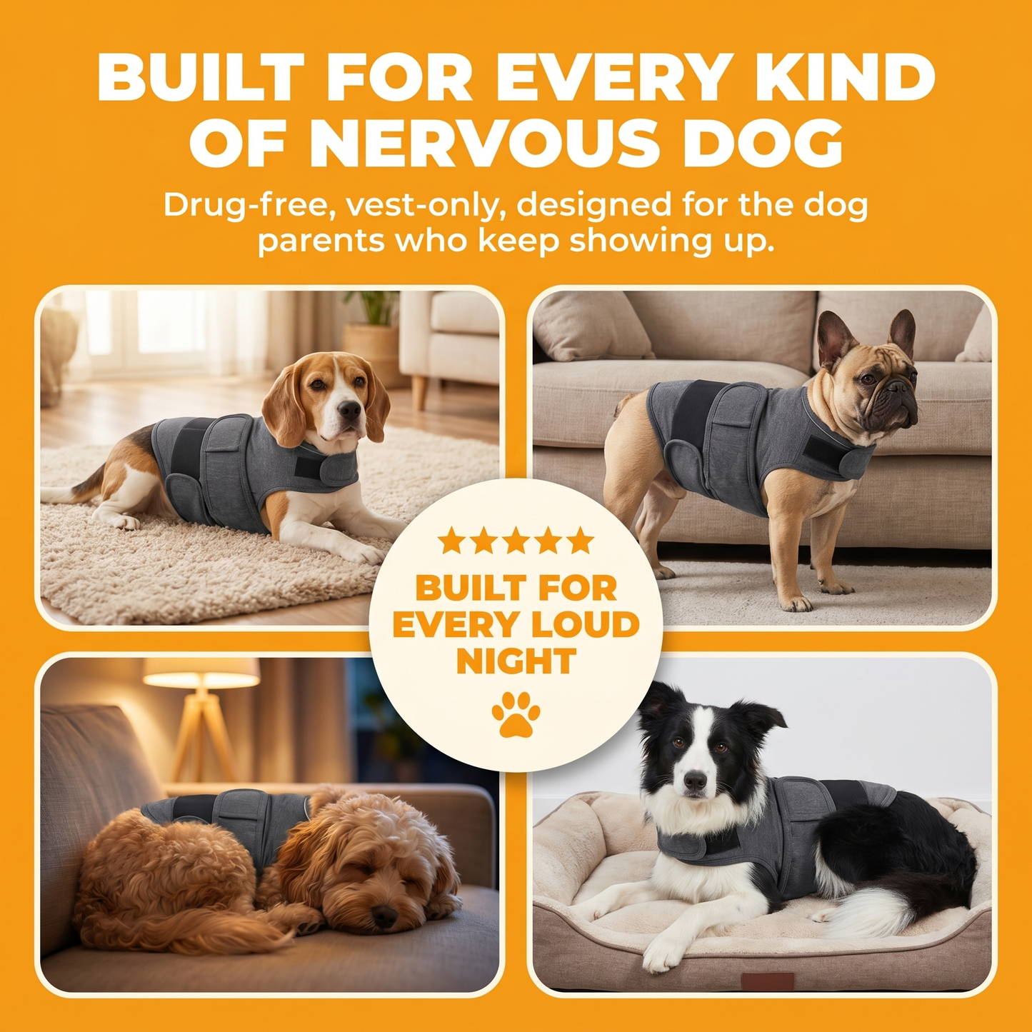 Social Proof Mosaic — 4 different dog breeds wearing the WuffHug Wrap calmly: Beagle, French Bulldog, Cavapoo, Border Collie. Built for every loud night.
