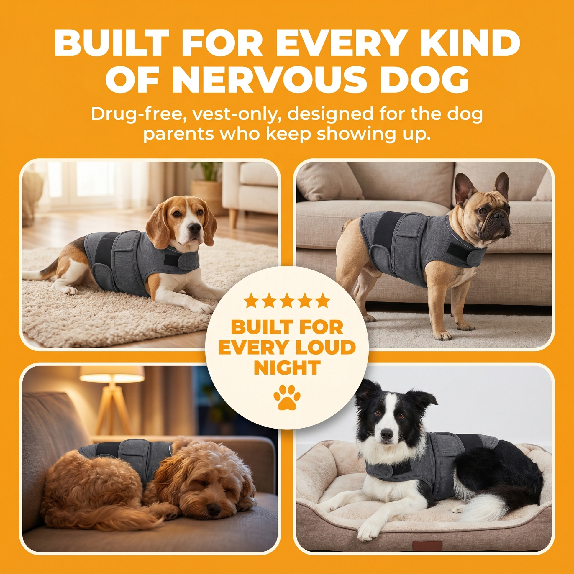 Social Proof Mosaic — 4 different dog breeds wearing the WuffHug Wrap calmly: Beagle, French Bulldog, Cavapoo, Border Collie. Built for every loud night.