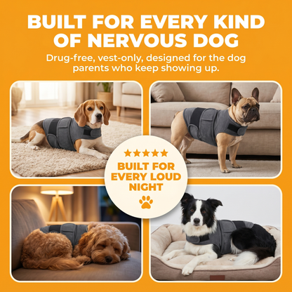 Social Proof Mosaic — 4 different dog breeds wearing the WuffHug Wrap calmly: Beagle, French Bulldog, Cavapoo, Border Collie. Built for every loud night.