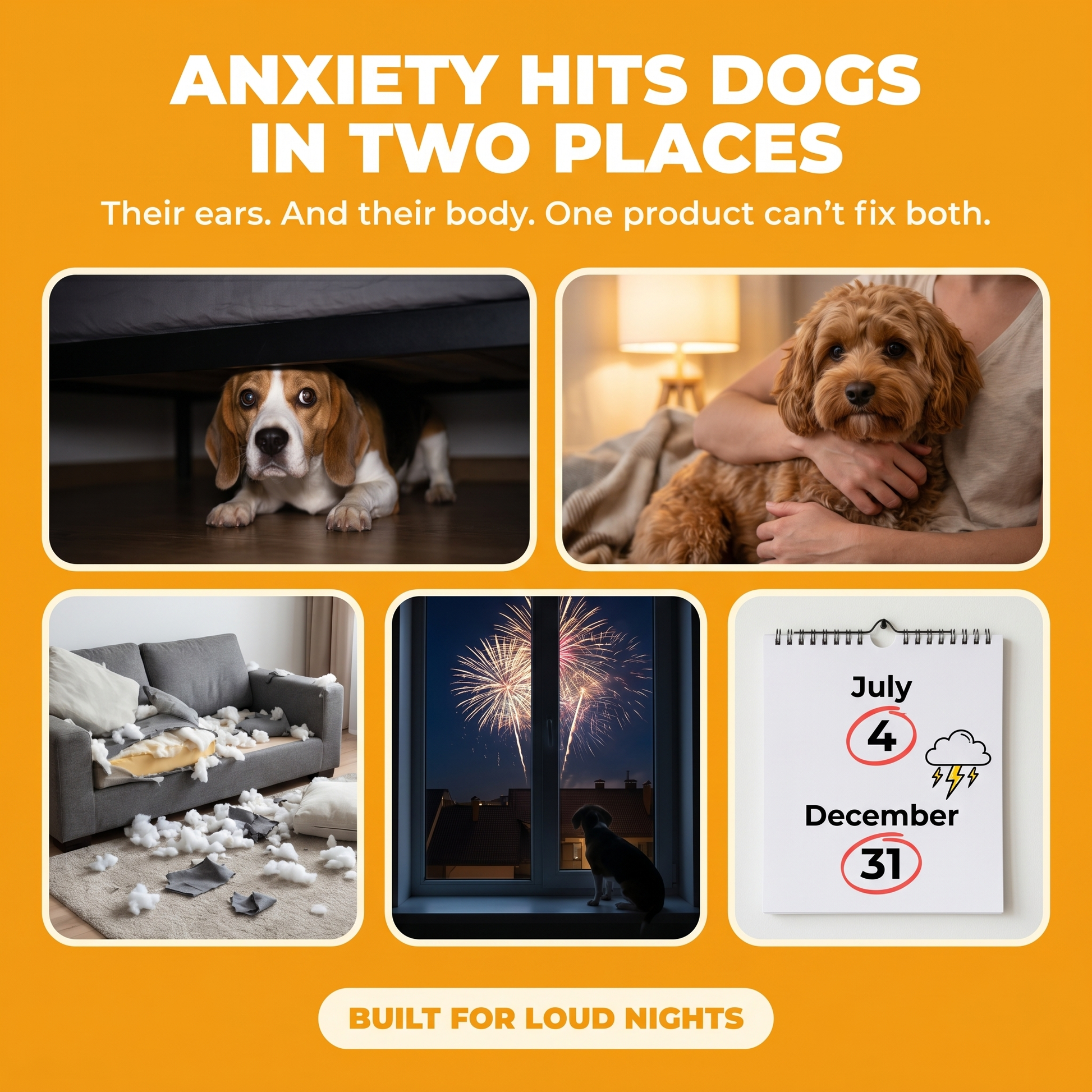 Pain Stack — 5 loud-night anxiety moments: dog under bed, shaking on owner's lap, destroyed couch, fireworks at window, calendar with July 4 + Dec 31 + thunderstorm. Built for loud nights.