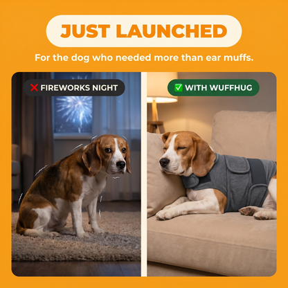 WuffHug Wrap Hero — Beagle before/after with the dark-grey compression vest. For the dog who needed more than ear muffs.