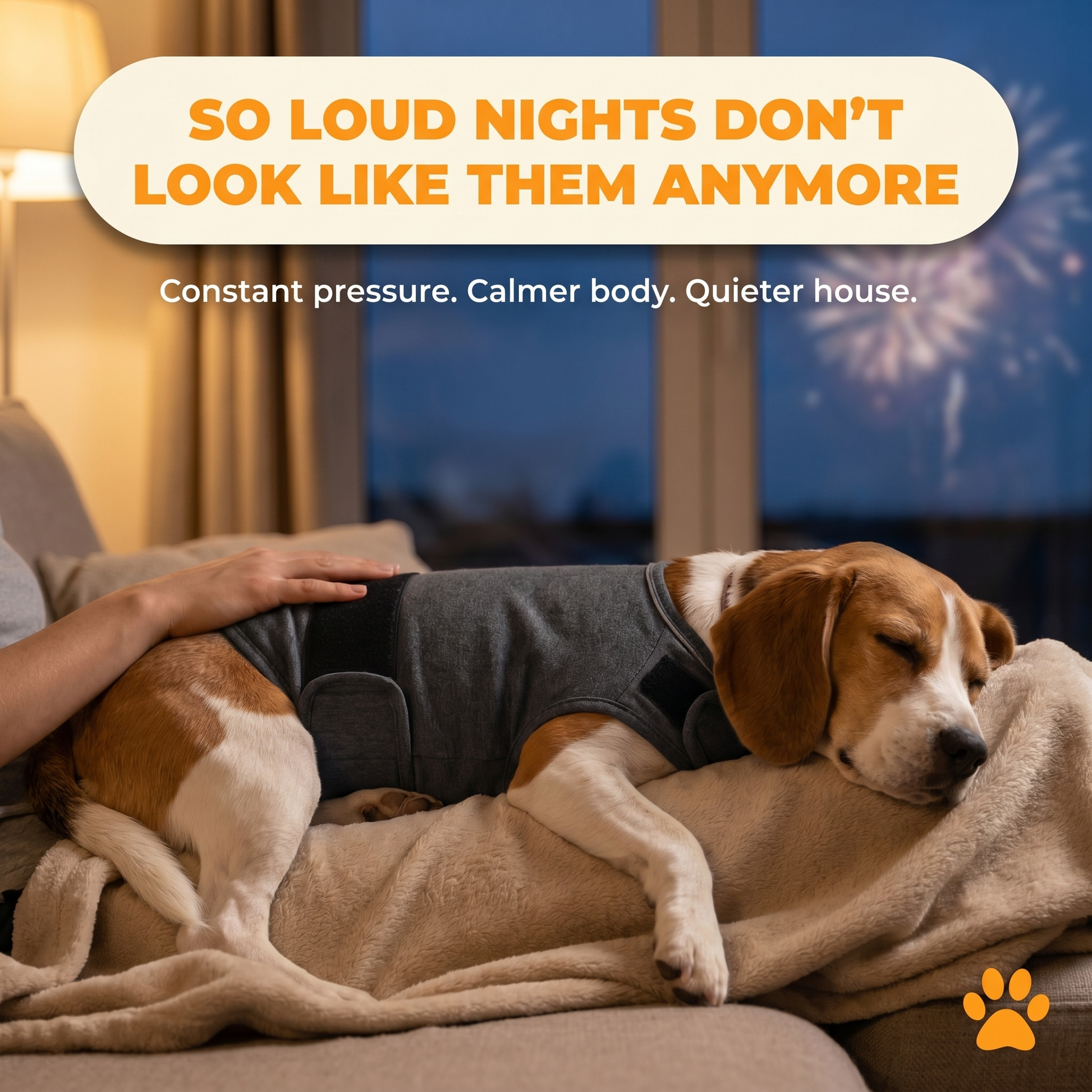 Outcome Lifestyle — a Beagle sleeping peacefully on a couch wearing the WuffHug Wrap, fireworks faint through the window. So loud nights don't look like them anymore.