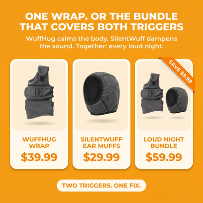 Bundle Math — WuffHug Wrap $39.99 / SilentWuff Ear Muffs $29.95 / Loud Night Bundle $59.99. Two triggers. One fix.