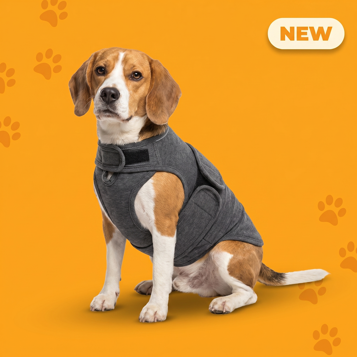 WuffHug Wrap — Beagle wearing the dark-grey compression vest, calm and centered. New from Pet Department.