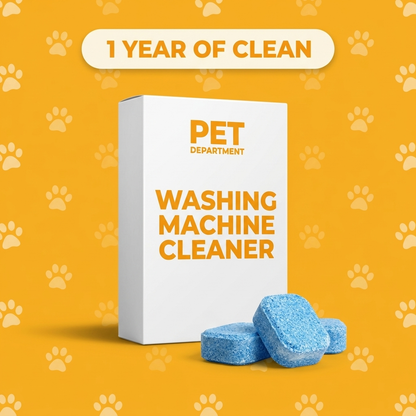 PetCycle Cleaner Tablets — Pet Department box and three blue cleaner tablets on a yellow paw-print background. 1 Year of Clean.