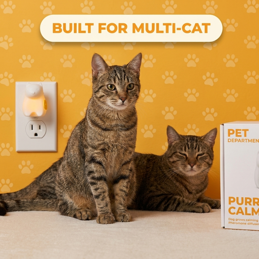 PurrCalm Diffuser — two calm tabby cats sitting together next to the plug-in pheromone diffuser correctly plugged into a US outlet, yellow paw-print background. Built for Multi-Cat.