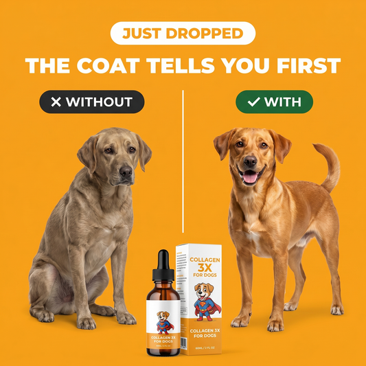 Collagen 3X for Dogs — same dog dull coat vs shiny coat before and after