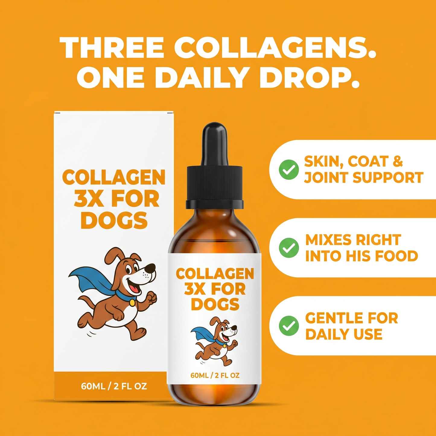 Collagen 3X for Dogs — three collagens in one daily drop, skin coat joint support