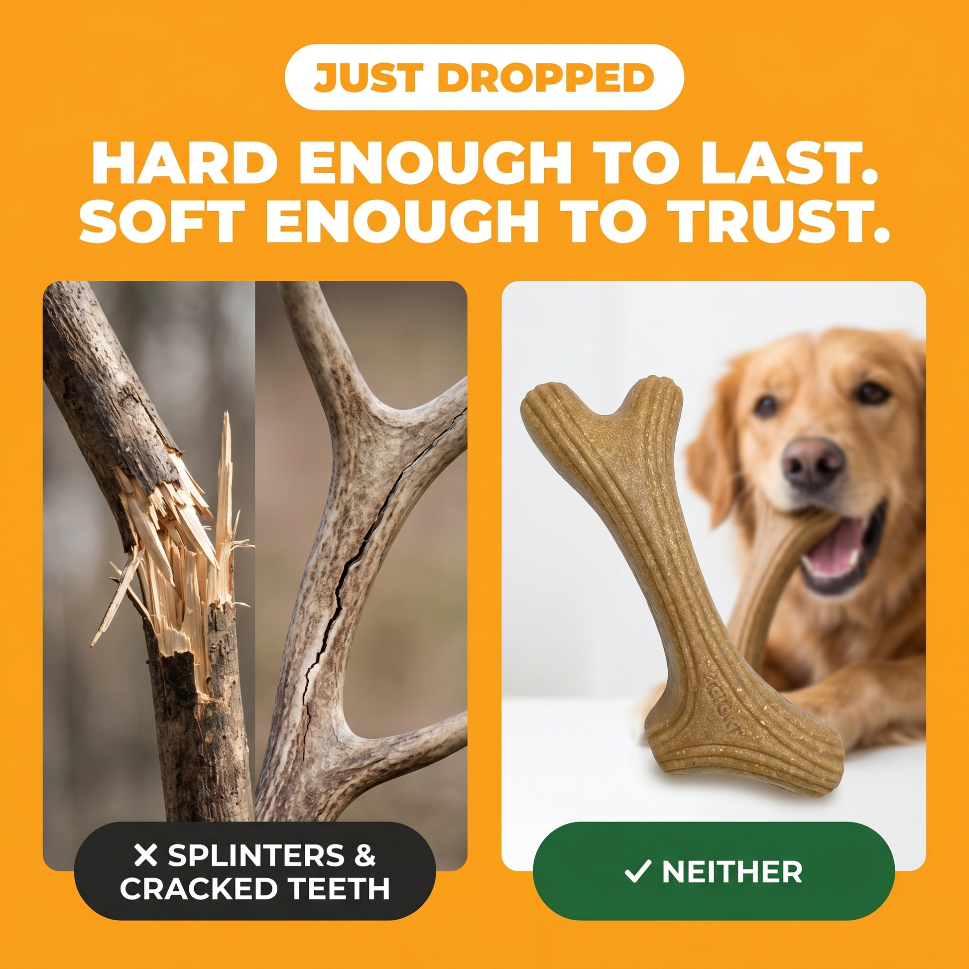 TimberAntler wood-fiber dog chew vs a splintering stick and cracked antler — hard enough to last, soft enough to trust