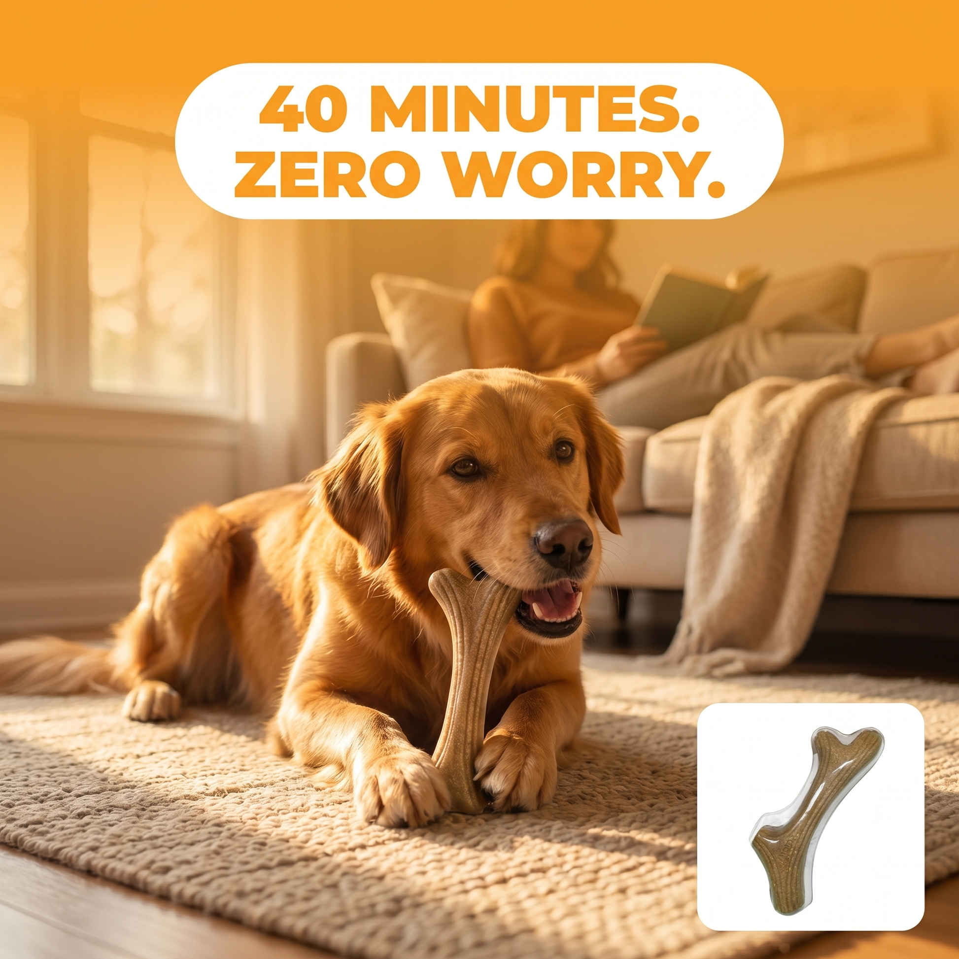 Dog calmly chewing the TimberAntler wood-fiber antler chew on a living room rug