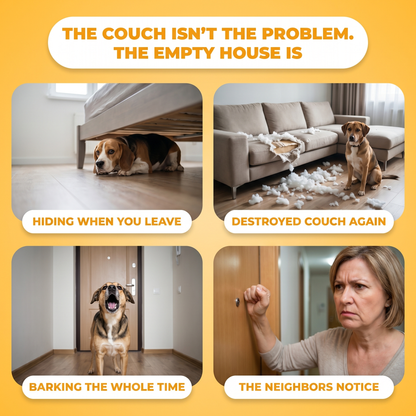 The empty house is the problem: hiding, destroyed couch, nonstop barking, neighbors notice