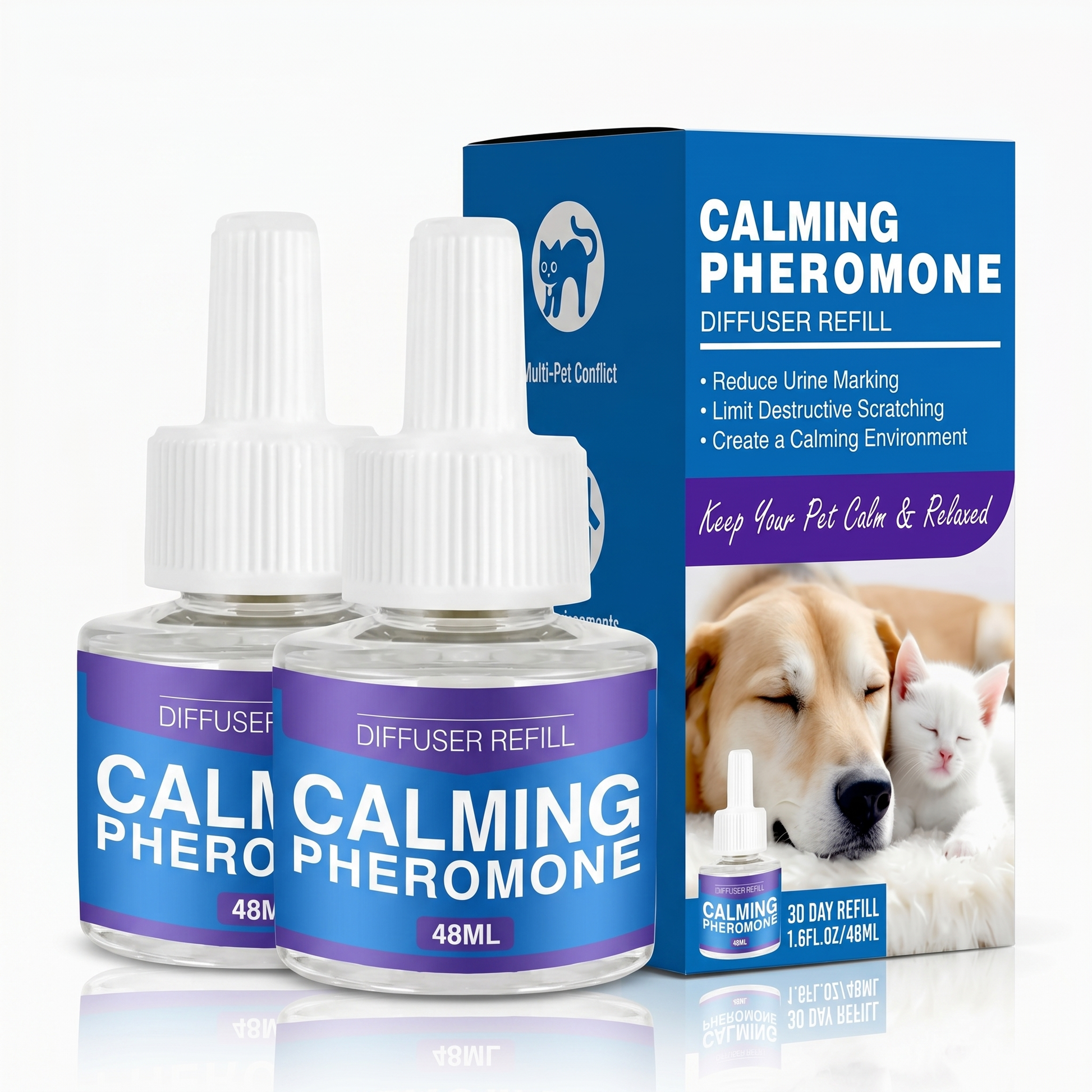 CalmPaw Diffuser Refill 2-Pack, two 48 ml bottles and box on studio background