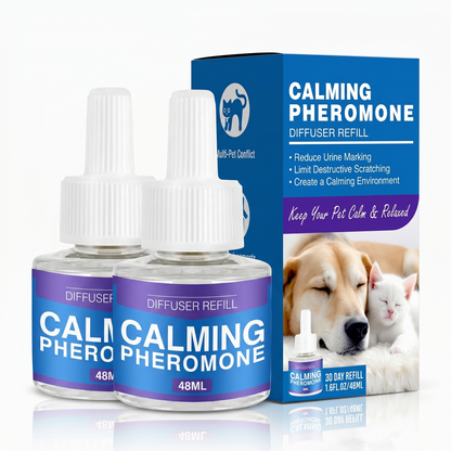 CalmPaw Diffuser Refill 2-Pack, two 48 ml bottles and box on studio background