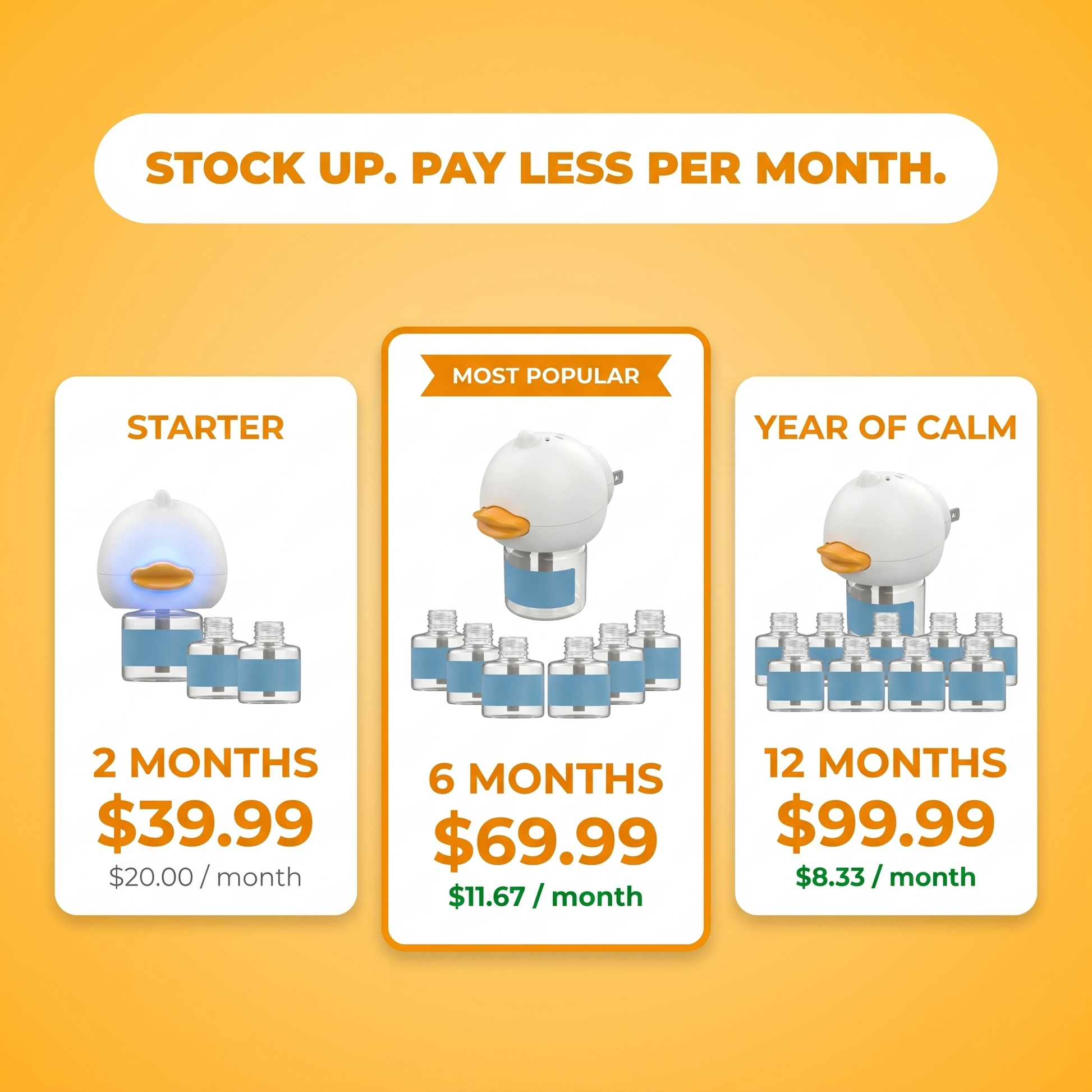 Stock up and pay less per month: Starter 2 months $39.99, Most Popular 6 months $69.99, Year of Calm 12 months $99.99