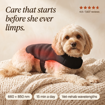 RedPaw red light therapy vest on a resting Cavapoo, care that starts before she limps