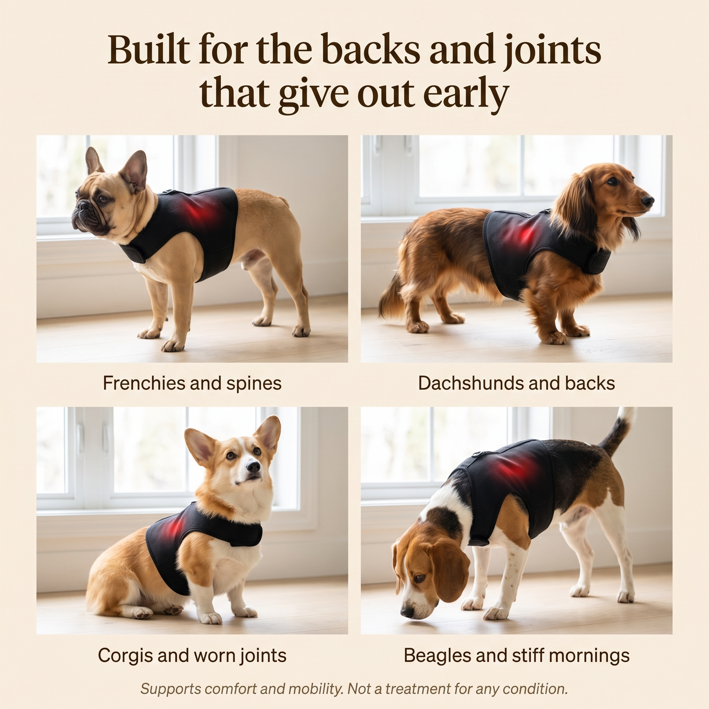 Built for the backs and joints that give out early, Frenchies Dachshunds Corgis Beagles