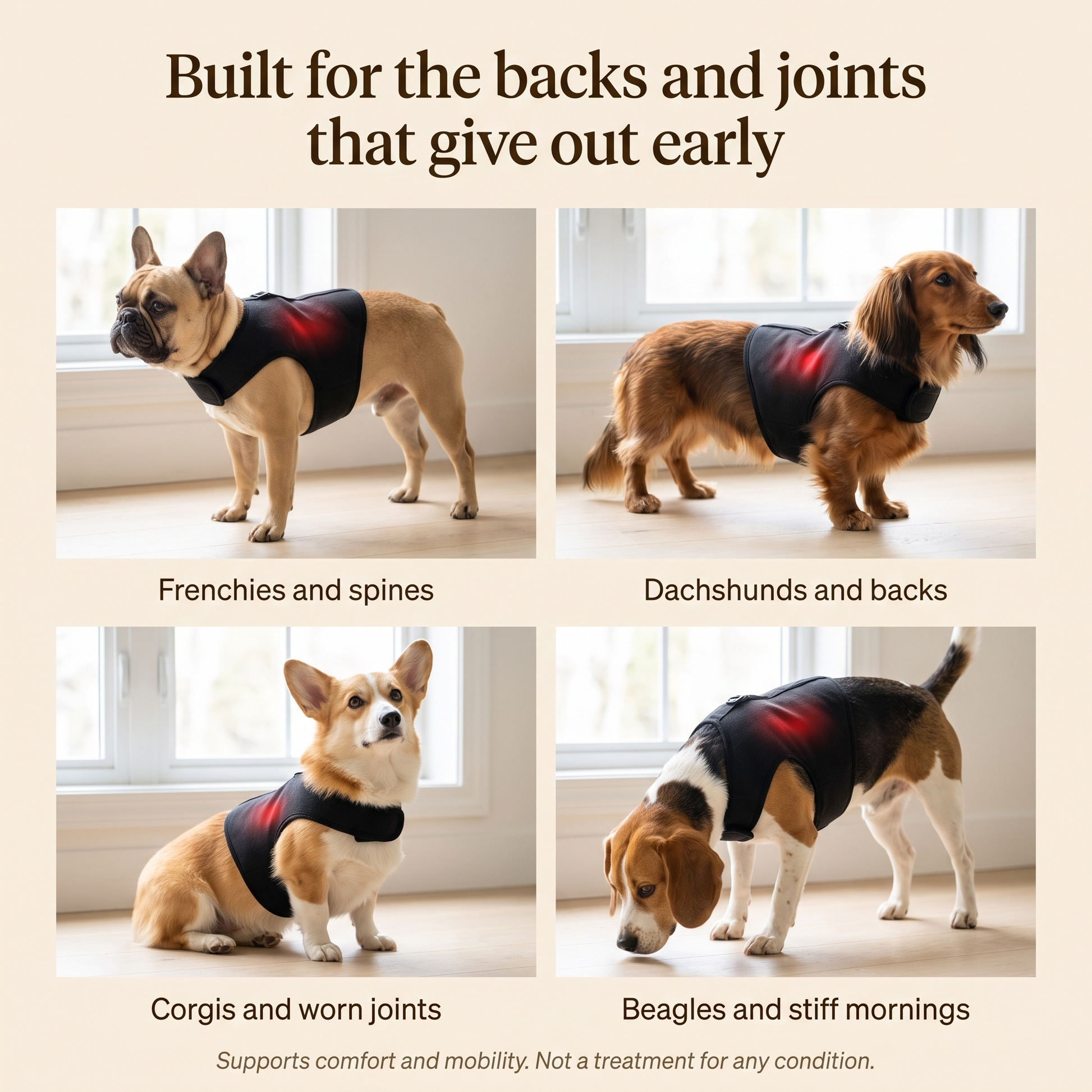 Built for the backs and joints that give out early, Frenchies Dachshunds Corgis Beagles