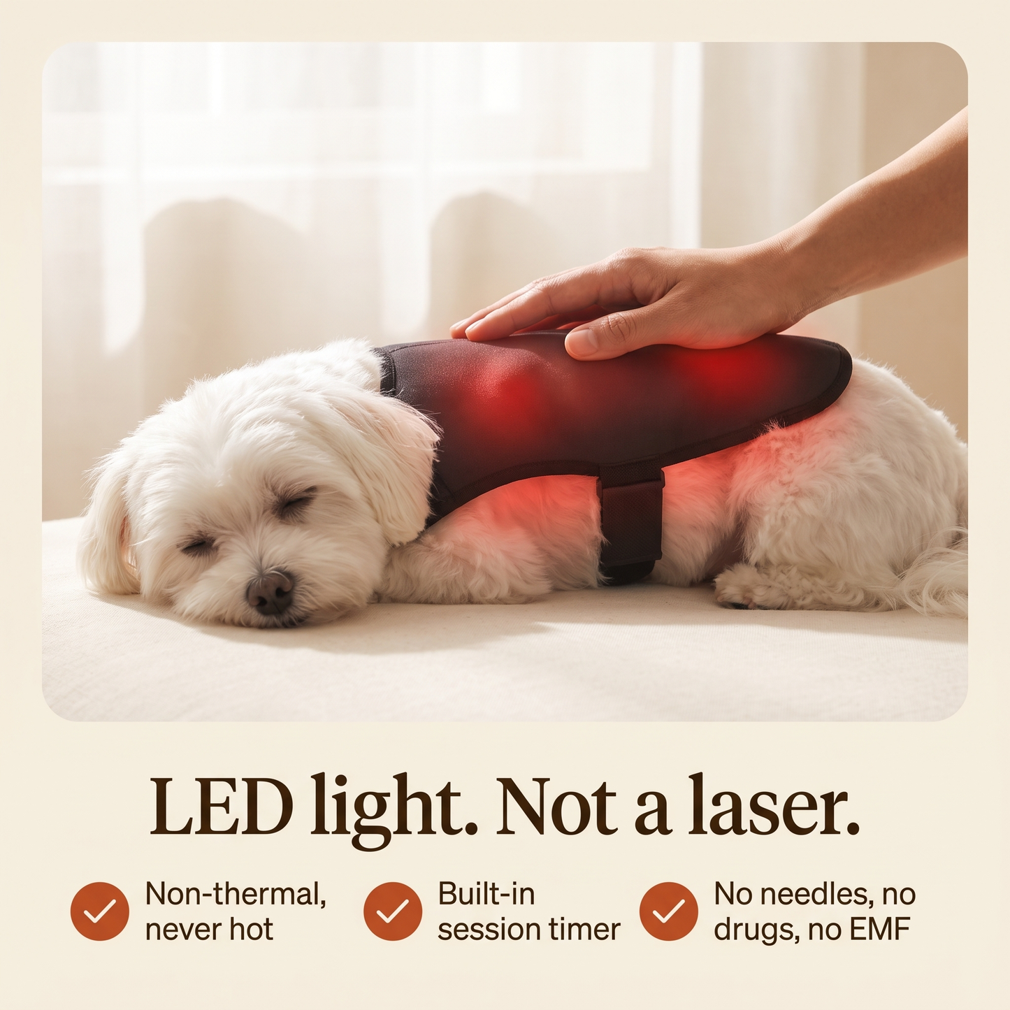 LED light not a laser, non-thermal, built-in session timer, no needles no drugs no EMF