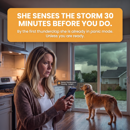 She senses the storm 30 minutes before you do. Dog owner reads a severe thunderstorm warning while her dog watches the approaching storm front.
