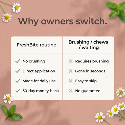 Why owners switch - FreshBite routine vs brushing chews waiting