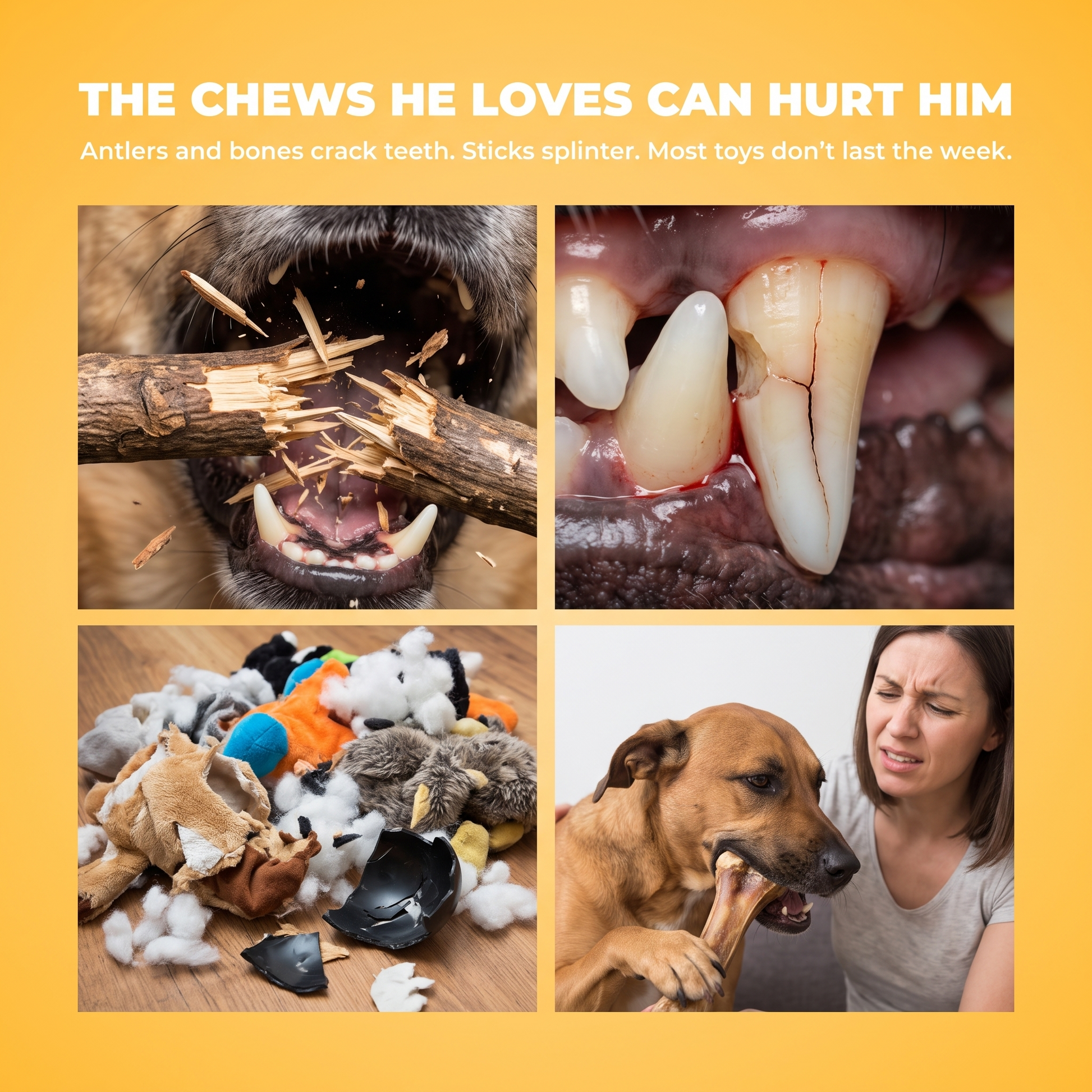 Why antlers, bones and sticks hurt dogs: cracked teeth, splinters and destroyed toys.