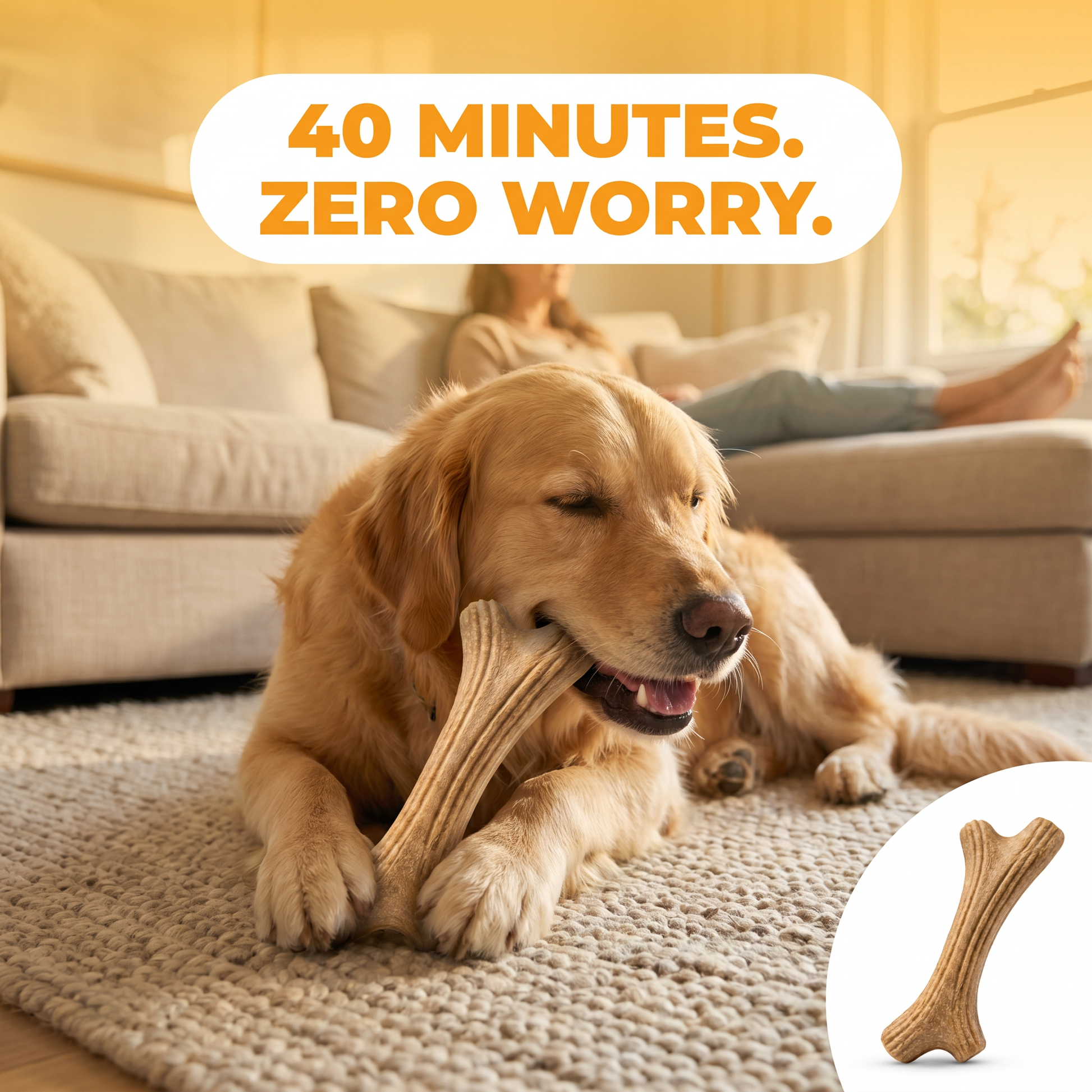 Dog calmly chewing the TimberAntler wood-fiber antler chew on a living room rug.