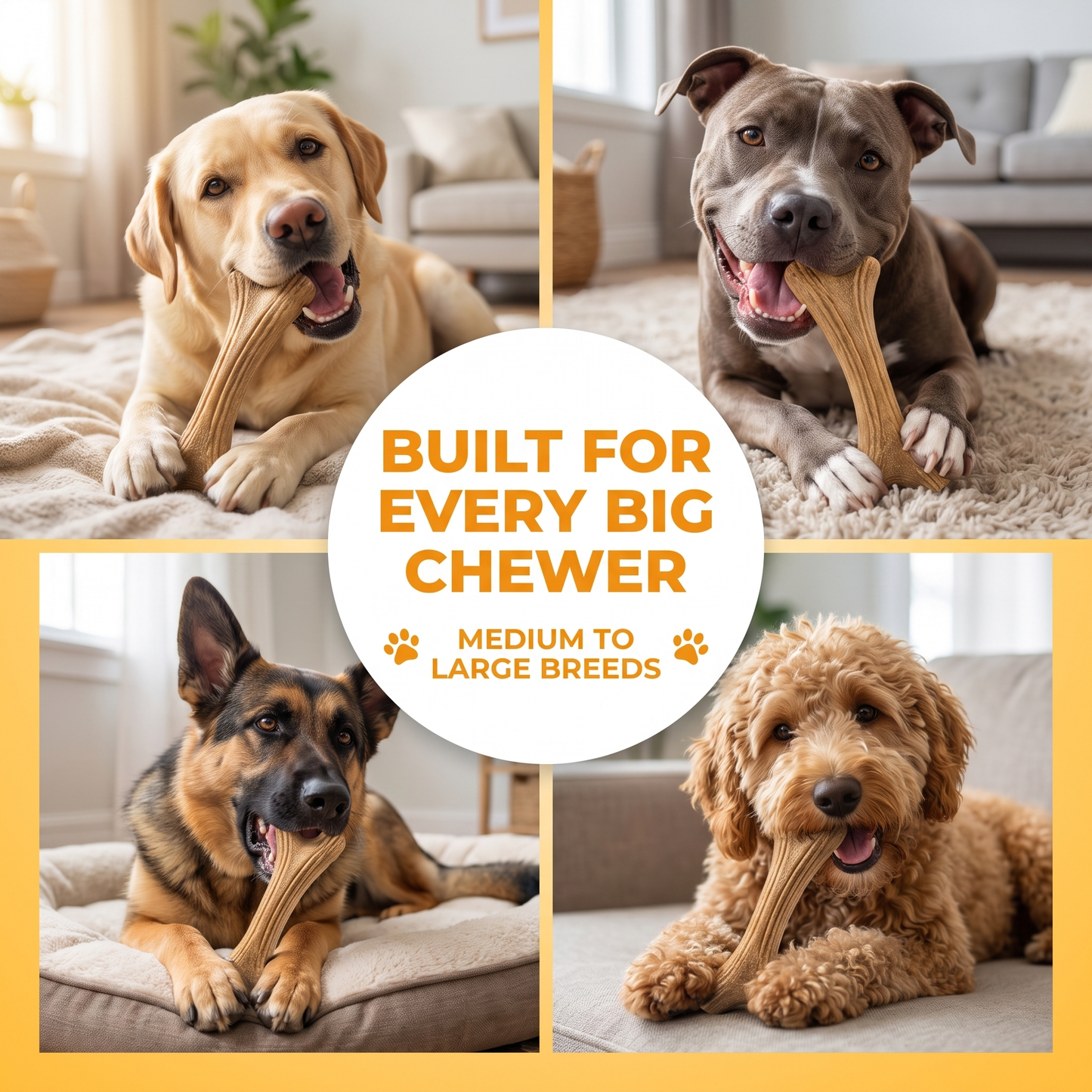 Built for every big chewer: Labrador, pit bull, German shepherd and doodle chewing the TimberAntler.